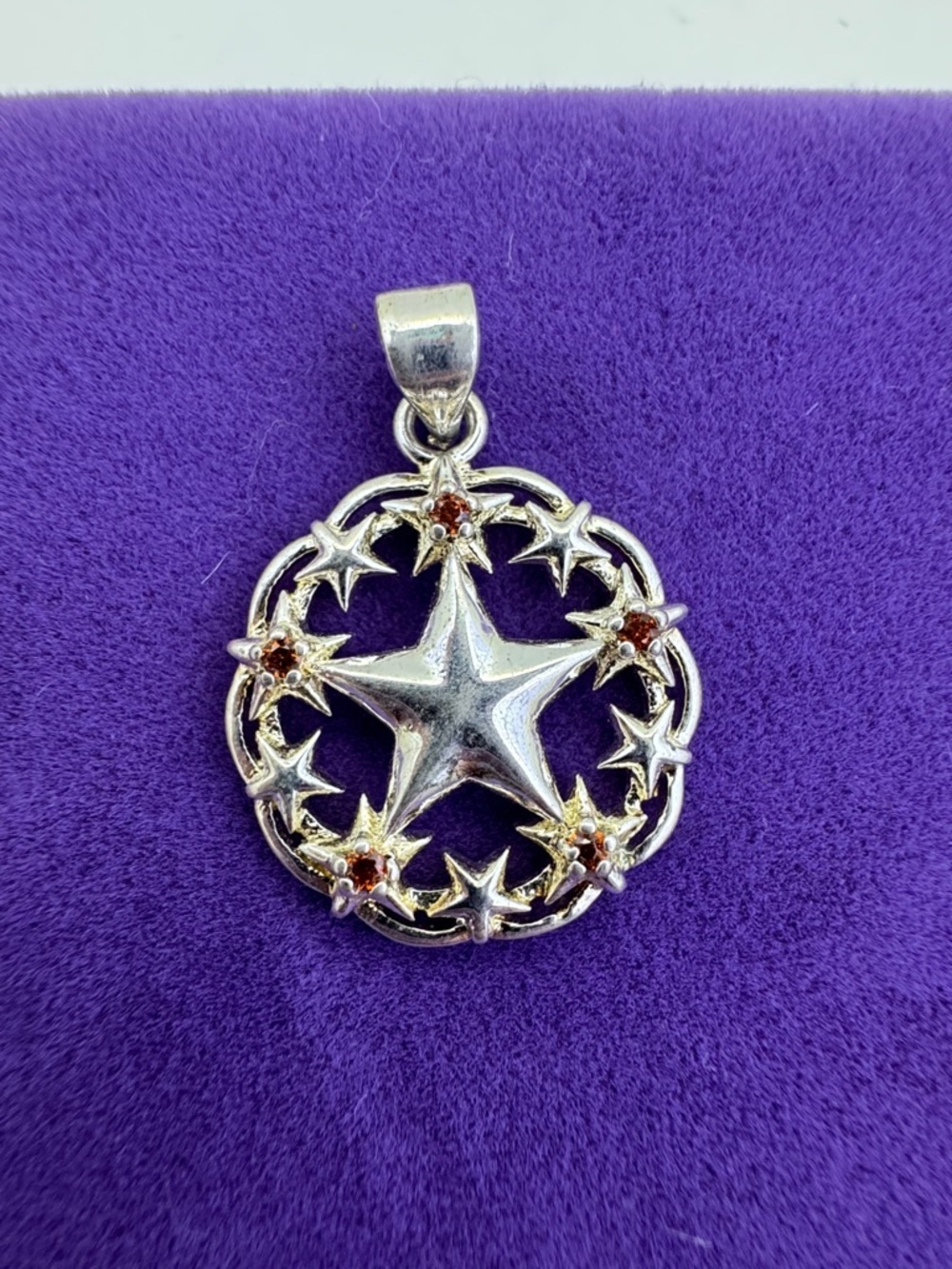 💛 Sterling Silver Plated Starburst Pendant with Garnet CZ Accents
